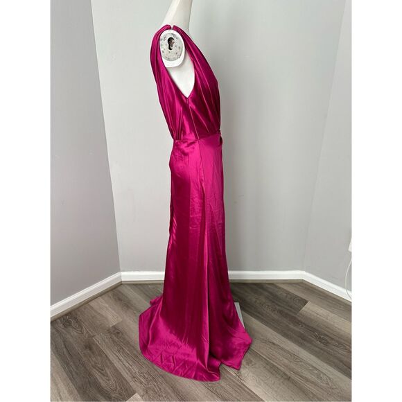 NWT Ieena for Mac Duggal One Shoulder Slit Satin Faux Wrap Maxi Gown Berry Sz 6 - Picture 11 of 13